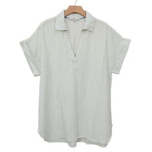 Casa Cabana Blouse Top Womens Large Sage Green Striped Cap Sleeve Linen Blend